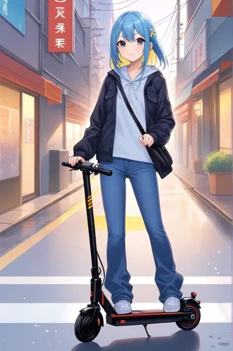 Pants Style,jeans,denim,Anime artwork 2D, One girl, Electric Kickboard, Are standing, Motion Lines, road, Riding an electric scooter down the street . Anime Style, Key Visual, Vibrant, Studio Anime, Very detailed