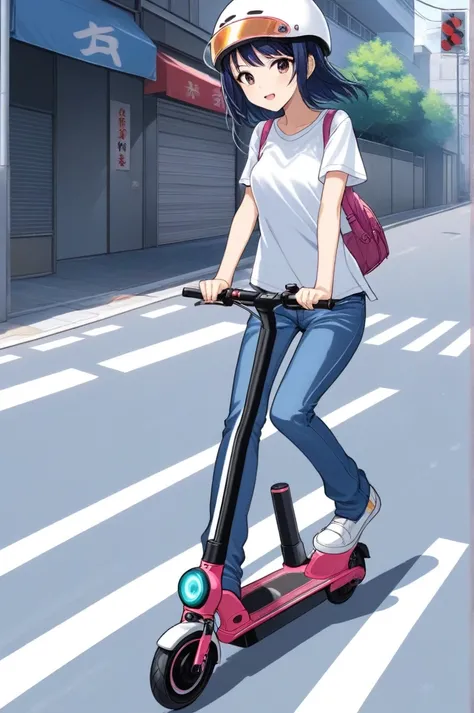 Pants Style,jeans,denim,Anime artwork 2D, One girl, Electric Kickboard, Are standing, Motion Lines, road, Riding an electric scooter down the street . Anime Style, Key Visual, Vibrant, Studio Anime, Very detailed