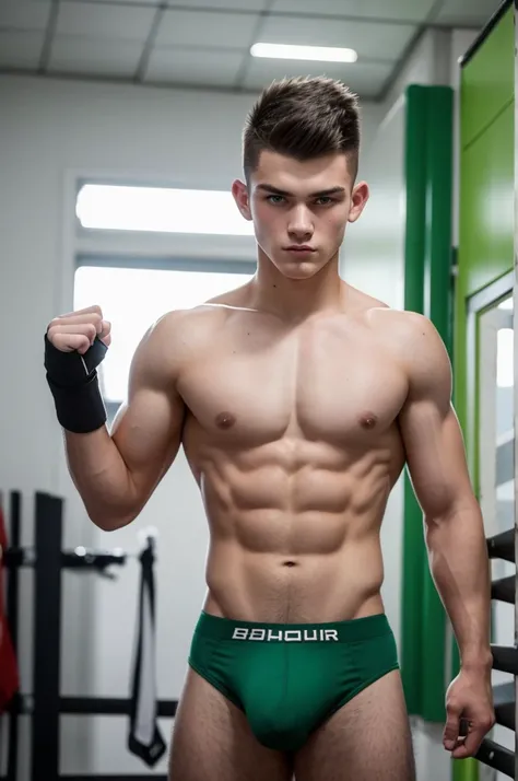 Young Caucasian school boxer, 18-year-old, Mohawk Short Hair, Black Hair, Intense green eyes fixed, Strong gaze, Related Features, No beard, Height 1.90, Weight 96kg, Muscular, Broad shoulders, V-shaped body, Full Body Focus, Completely hairless,