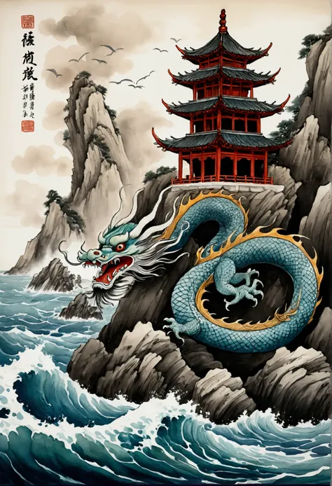 A Chinese dragon hovers over the sea cliff rocks. Beneath the sea cliff is a huge reef. The sea is characterized by choppy waves that jump back and forth. Not far behind the dragon stands an old pagoda-shaped building. The style is Chinese ink painting, a ...