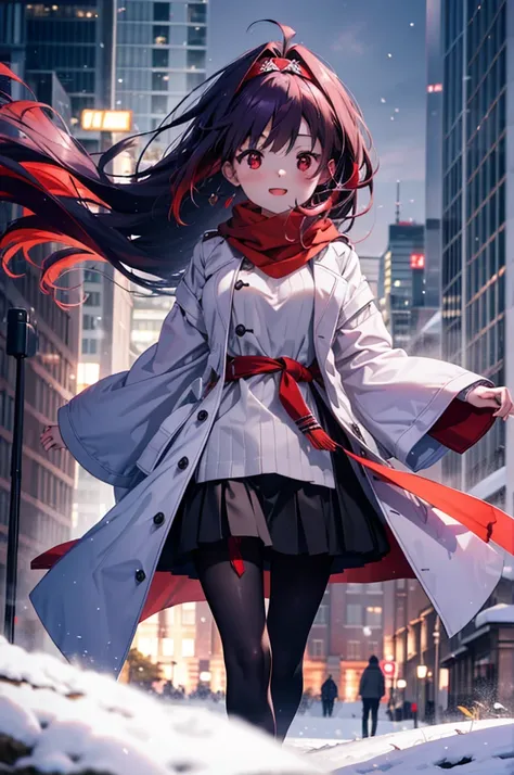 yuukikonno, Yuki Konno, hair band, Long Hair, Pointed Ears, Purple Hair,Ahoge, (Red eyes:1.5), (Small breasts:1.2),blush, smile,Open your mouth,white breath,Red Scarf,Purple long coat,sweater,Long skirt,Black Pantyhose,short boots,Snow is piling up,it&#39;...