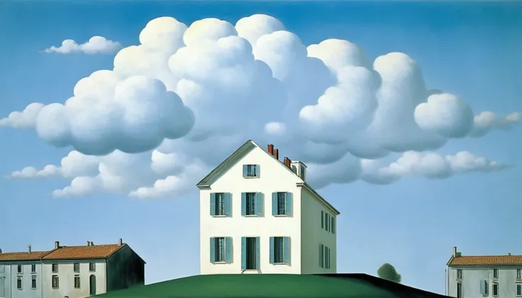 rene magritte，Weird misplaced art：肖像拼贴paintingpainting，White clouds on face，house，Geometric Dislocation，拼贴painting，Artistic sense，，painting，simple，