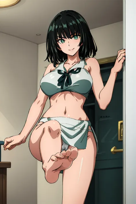 (Masterpiece of Art, best quality specialist), 1 girl , Fubuki, Dazzling,  , indoors,white Bikini , white panties, Green top,  showing feet , 5 Fingers, naked feet , Close to viewer  , smile, another, another, 