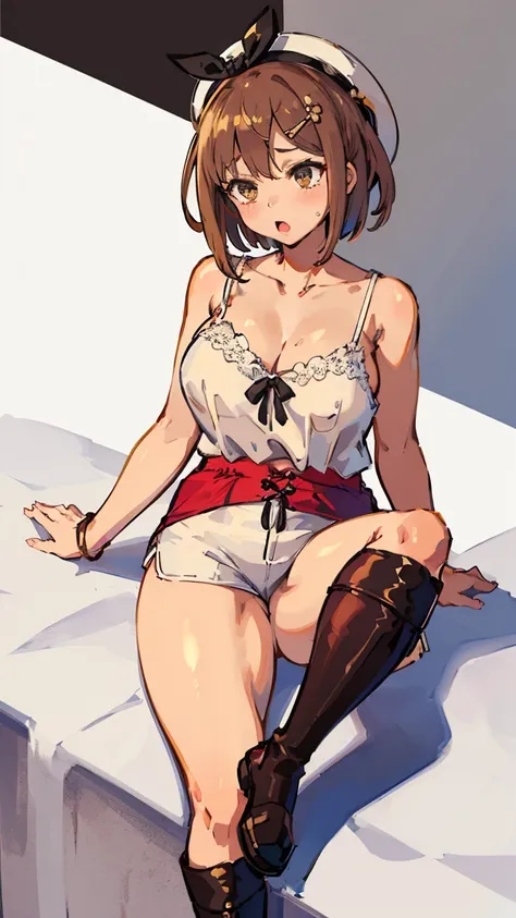 (Highest quality, 8k, masterpiece :1.3),Lizaリン・シュタウト(Lizaのアトリエ),Liza, One woman,Large Breasts,short hair,Brown Hair,hair band,Clothing,hat,White shirt,White camisole,Red shorts,Brown long boots,Blowjob,nsfw,Plump body,Thighs