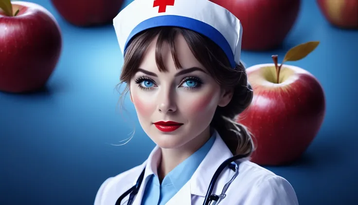 movie movie nurse,  Face blue red theme, Delicious fresh apples . Shallow depth of field, Vignette, Very detailed, high-budget Hollywood movies, Bokeh, Widescreen, Moody, epic, Gorgeous, Film Grain, Granular