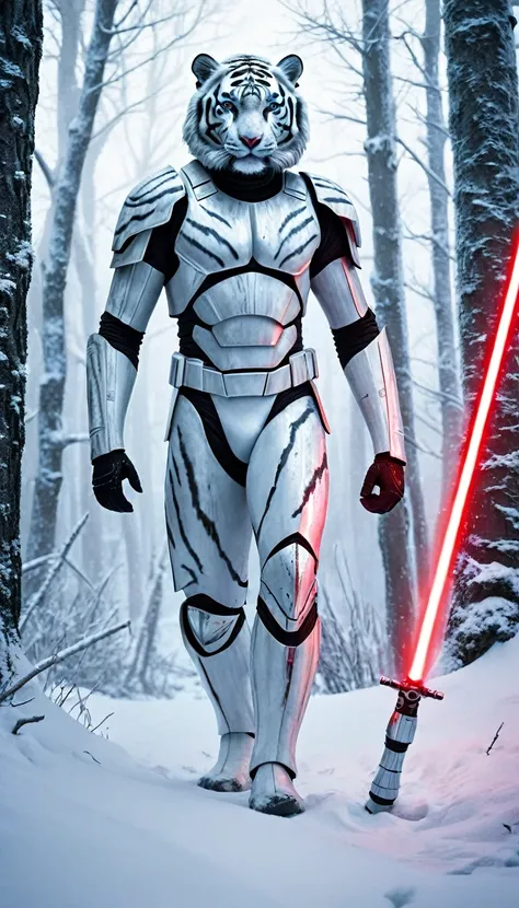 A breathtakingly photorealistic portrait of a white tiger humanoid Sith Lord, standing tall and poised in the heart of a snowy tundra forest. His fur, a stark contrast against the frosty backdrop, is meticulously detailed with each strand standing out unde...