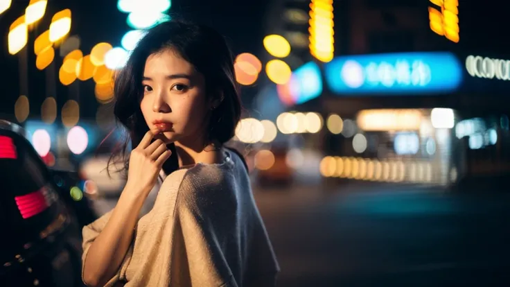 (Cinematic Aesthetic:1.4) Photo of a beautiful korean fashion model bokeh city night