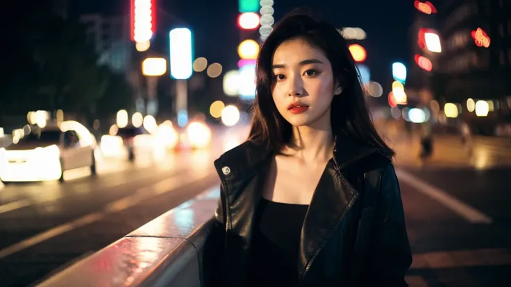 (Cinematic Aesthetic:1.4) Photo of a beautiful korean fashion model bokeh city night