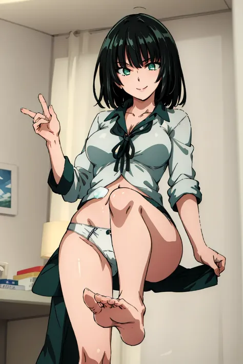 (Masterpiece of Art, best quality specialist), 1 girl , Fubuki, Dazzling,  , indoors,white Bikini , white panties, Green top,  showing feet , 5 Fingers, naked feet , Close to viewer  , smile, another, another, 