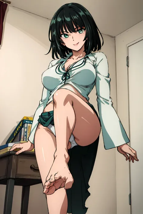 (Masterpiece of Art, best quality specialist), 1 girl , Fubuki, Dazzling,  , indoors,white Bikini , white panties, Green top,  showing feet , 5 Fingers, naked feet , Close to viewer  , smile, another, another, 