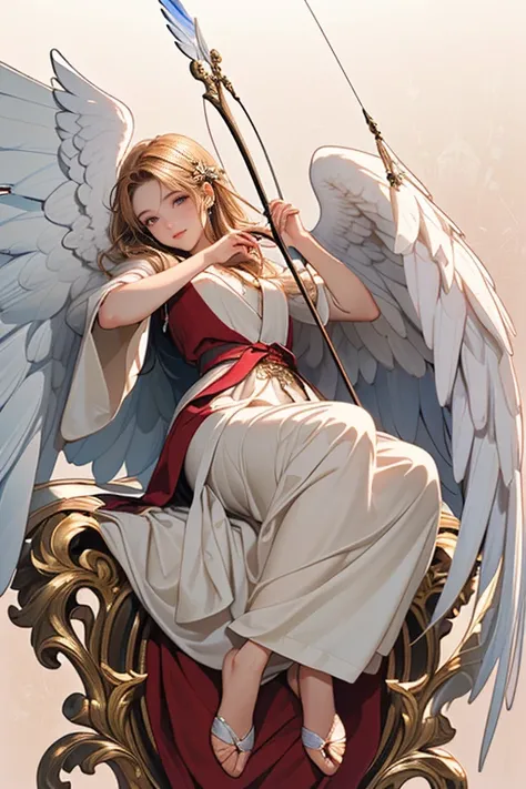 ((Masterpiece, top quality, high resolution)), ((highly detailed CG unified 8K wallpaper)), Cupid holding a bow, arrow tip shaped like a heart, aiming at viewer, full body, fluttering thin robe wrapped around body, angel wings, angel ring, a scene from Gre...