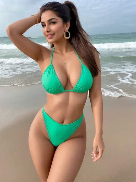 photo of stunning bollywood actress, flirty, model, 25 years, brown-haired, smiling, sexual, on the beach, bright light green open swimsuit, highlighted hair pulled back into a ponytail, big earrings, provocative pose, perfect body, Beautiful, стою on the ...