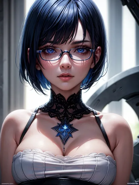 woman with blue bob haircut, baggy white clothes, gothic tattoos, male gangster priest with round red glasses, bored expressions, best quality, 4k, 8k, highres, masterpiece, ultra-detailed, realistic, photorealistic, photo-realistic, HDR, UHD, studio light...