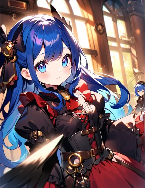 Two cute little dark angel girls with blue, blue hair are close friends in a steampunk town. two cute 6 year old dark angel girls, big attractive eyes and long eyelashes. They are wearing cute steampunk dresses with lots of ribbons, lace and frills. Noble,...