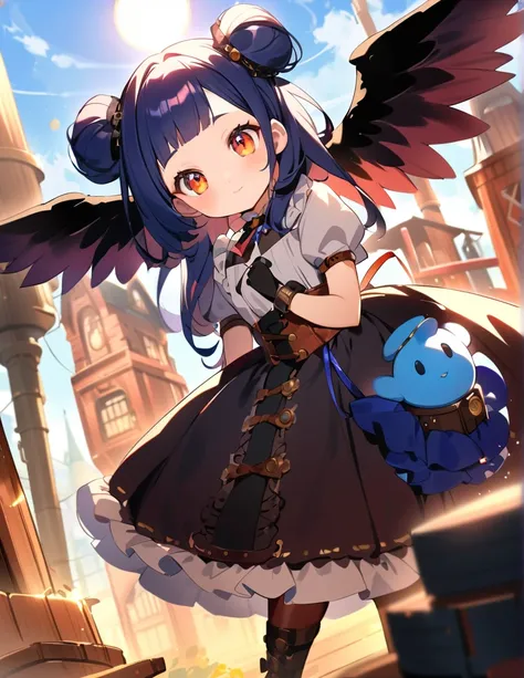 Two cute little dark angel girls with blue, blue hair are close friends in a steampunk town. two cute 6 year old dark angel girls, big attractive eyes and long eyelashes. They are wearing cute steampunk dresses with lots of ribbons, lace and frills. Noble,...