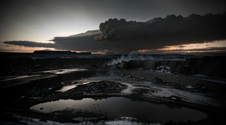 masterpiece, dark art, black sky, ash-covered sky, giant abandoned quarry, tundra