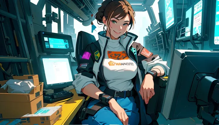 Brown Hair、（Huge breasts）、entrepreneur、Highest quality,masterpiece,original,Plain background,View your viewers,1人のwoman,(alone:1.5),woman,woman、Wearing a cyberpunk costume, Filling this vibrant and colorful scene.smile、It expresses strength and underlying ...