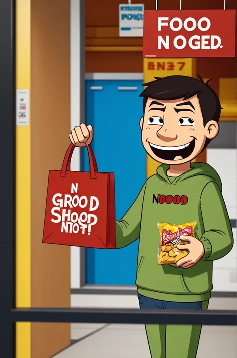 A person holding a bag of snacks looks at a "No Food Allowed" sign in cartoon style.