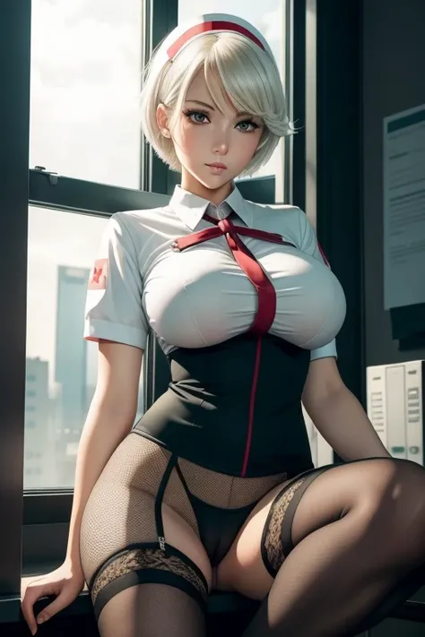 Nurse uniform, masterpiece, Very detailed, Super detailed, Highest quality, Highest quality, anime, girl, shy, Embarrassed expression, Short white hair, Big Breasts, blush, Very detailed background, thin, White gloves, Yellow Eyes, (Office Background), (Hi...