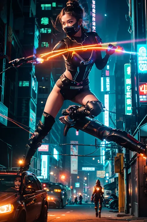 (highest quality、4k、8k、High resolution、masterpiece: 1.2)、Super detailed、(real、photorealistic、photorealistic: 1.37)、SF、beautiful young woman、bounty hunter、Cybernetic Weapons、cyberspace、High Tech City、Shining neon lights、((futuristic fashion))、((Skin-tight, ...