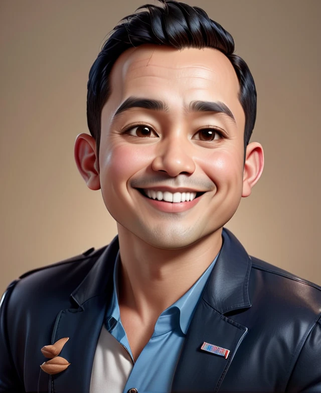 Create a 3D animation of a big-headed cartoon caricature. a 30 year old Indonesian man with short, slightly wavy black hair brushed back, round head facing forward, oval face with a strong jawline, thick straight eyebrows, almond-shaped brown eyes, a strai...