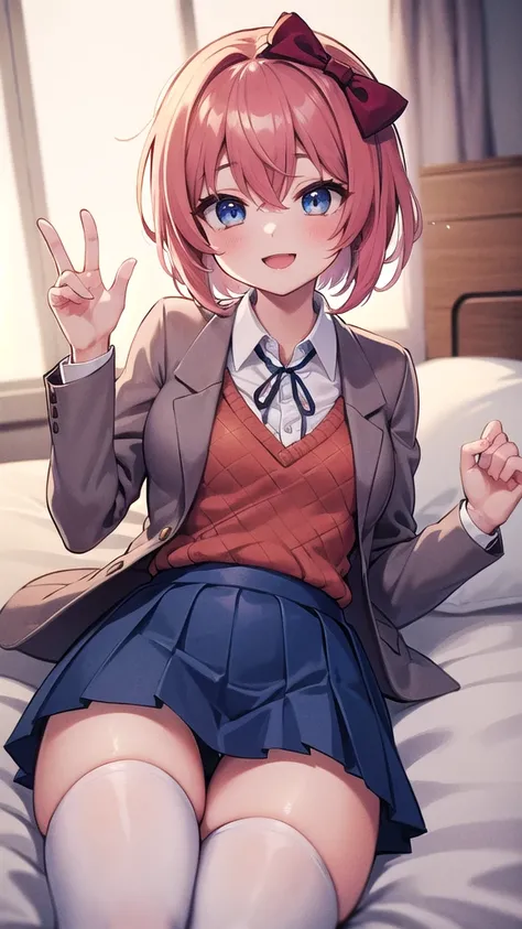 Masterpiece, perfect lighting, (beautiful, Best quality: 1.3), ddlcsayori, ddlcsayori, Perfect eyes, absurd, 8k, 1 girl, alone, (absurds), finely detailed, perfect hands, perfect anatomy, very large, smiling, mouth open, in love, looking at viewer, posing ...