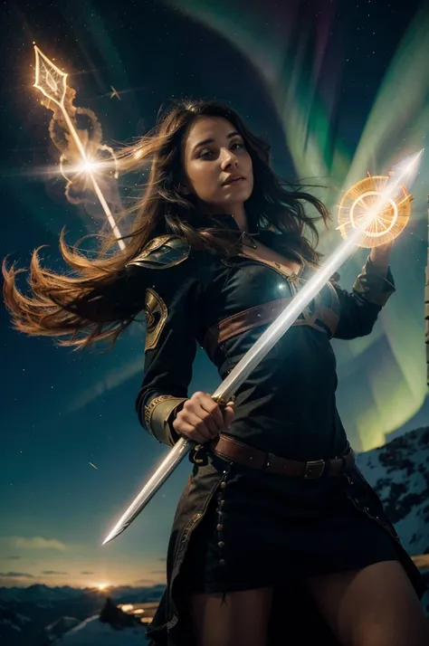 Make a woman fly while holding a sword with aurora radiating, and there is magic power