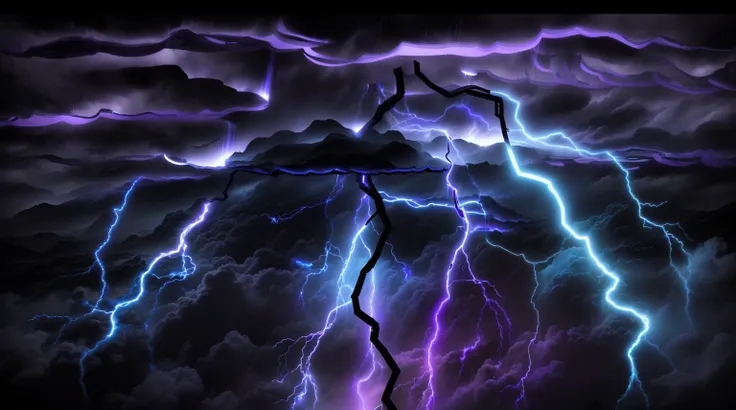 cinematic dramatic storm, large impactful lightning bolts, thunderclap sound, dark cloudy sky, moody atmospheric lighting, dynamic motion blur, high contrast chiaroscuro, electric blue and purple hues, photorealistic ultra-detailed 8k