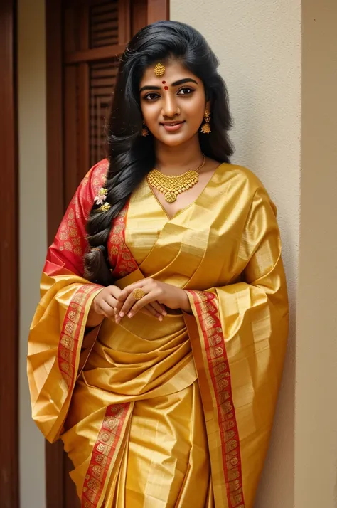 "A beautiful Kerala woman adorned in traditional clothes for the Onam festival, with her hair gracefully decorated with flowers, wearing a traditional mundu with no blouse, celebrating the rich cultural heritage of Kerala."