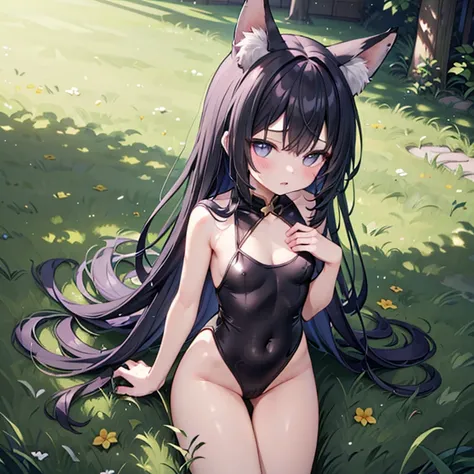 (Fox Girl, Fox Ears, Black Hair, Fox Makeup, One Girl, Long Hair:1.6), (Red leotard, I can see her cleavage, Skin is visible:1.8), (Body measurements are 75-60-75!, Young girl body, Small breasts, Small breasts, Emphasize the chest:1.9), Avatar, face, lewd...