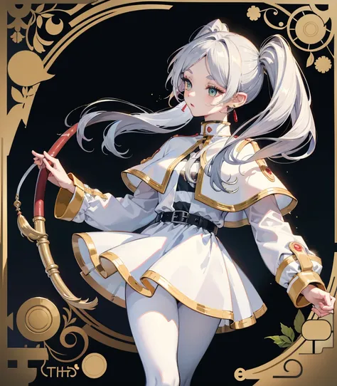 ((Highest quality)), ((masterpiece)), (detailed), Long Hair, Gray Hair, Twin tails, Pointed Ears, Earrings, Thick eyebrows, White capelet, Striped shirt, Long sleeve, belt, White Skirt, Black Pantyhose　High resolution　Holding a walking stick　magic circle　S...