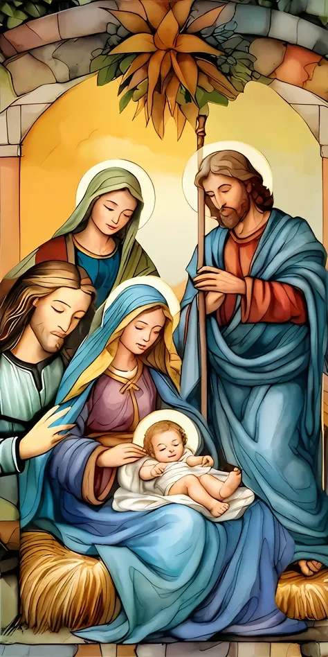 a painting depicting the nativity scene，the painting shows the baby jesus and three other people, with jesus, saint, 天主教religion...