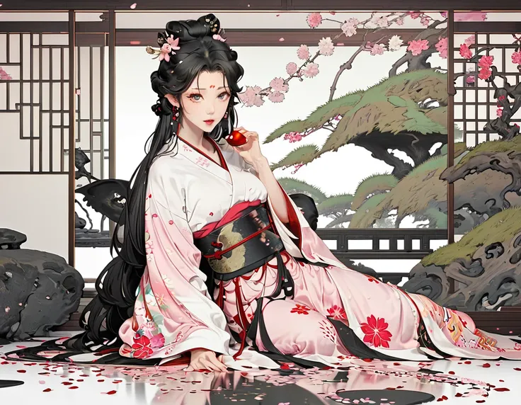 A woman in a kimono sitting on the floor、Twelve-layered kimono，Diagonally from the side，The dress is pale pink.、The collar is layered in the same color.、Super straight long hair with no accessories and glossy black hair that reaches down to her waist、Place...