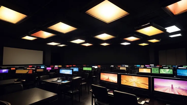 ((Highest quality)), ((masterpiece)), (detailed), A dark room with no lights , A large number of CRT televisions facing forward. The only light is from the televisions.　A large number of CRT televisions piled up　Composition looking up from below