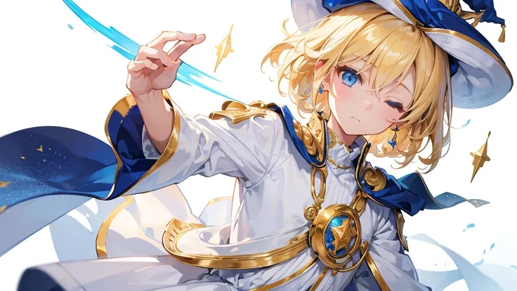 (Highest quality)　(4K)　(8k)　(High resolution)　(masterpiece:1.2)　(Super detailed)　One boy　short hair　Wizard　Blue Eyes　Long sleeve　Golden decoration　Hair between the eyes　Closed Mouth　White Dress　Wavy golden hair　Upper Body　White hat　(White Background)　(Cast...