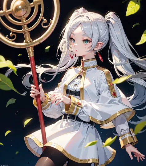 ((Highest quality)), ((masterpiece)), (detailed), Long Hair, Gray Hair, Twin tails, Pointed Ears, Earrings, Thick eyebrows, White capelet, Striped shirt, Long sleeve, belt, White Skirt, Black Pantyhose　High resolution　Holding a walking stick　magic circle　S...