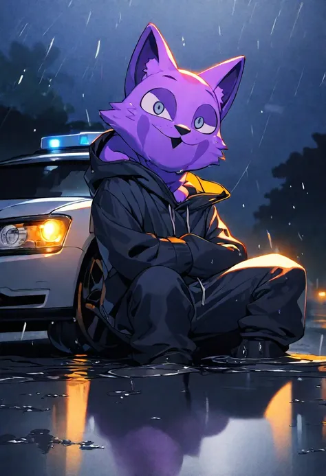 1 person, Purple cat，with black eyes, Black mouth, Sitting on the roadside, Leaning against the car, Solitary, whole body, Long legs, night,fear, (SFW) Work, SFW version, Big veins, Wearing a black hoodie, Smile, Black mouth and eyes, Sitting on wet asphal...