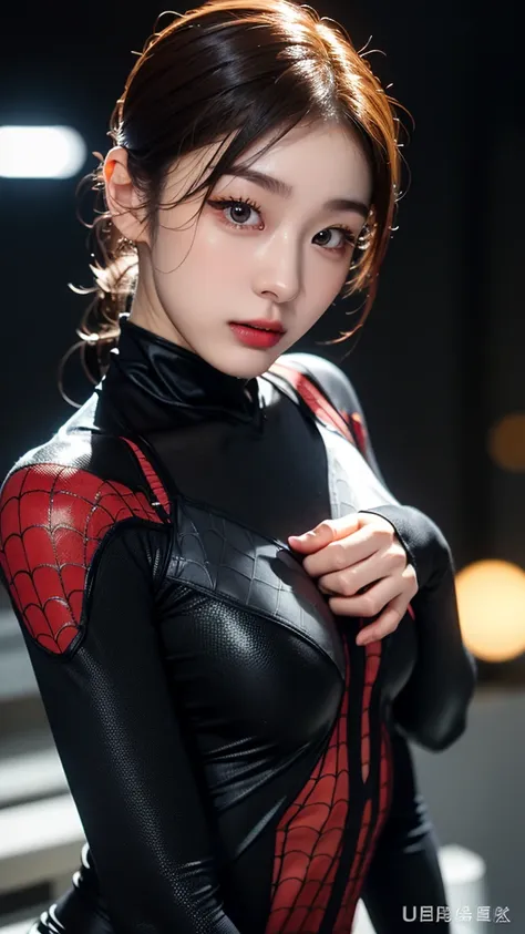 tmasterpiece,1 chinese girl，realisticlying，8k  uhd，high high quality，in the background bokeh, white and black spider-man suit，sp...