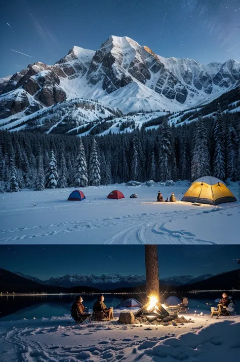 Create a star moonnight landscape snowy mountains and trees.5 friends sitting and enjoying near the mountains around a campfire and they have two tent that have many lights decorated there.a lake near their tent place.