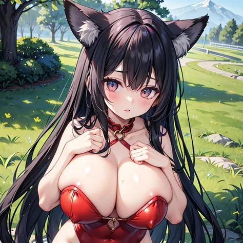 (Fox Girl, Fox Ears, Black Hair, Fox Makeup, One Woman, Long Hair:1.6), (Red leotard, I can see her cleavage, Skin is visible:1.8), (Body size is 100-70-90!, Nice body, Big Breasts, Big breasts, Emphasize the chest:1.9), Avatar, face, lewd face, Dominant r...