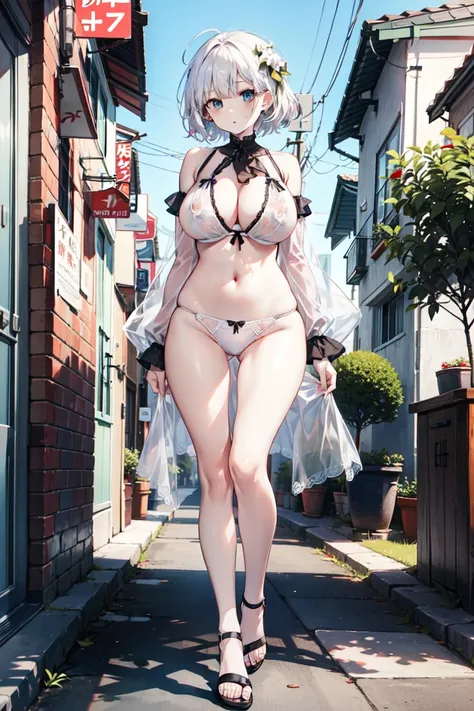 1 female，Attractive anime girl,whole body肖像，whole body，White lingerie，White short hair，Pale skin、Pale skin、Big boobs，较Big ，White sandals，