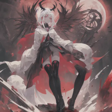 Masterpiece, top quality, bright colors, one girl, white hair, black hair, magenta hair, red eyes, glowing eyes, dark atmosphere, black wings, black halo, fallen angel, from below, descending from heaven, gothic clothes, looking down , Blood, ((Blood Moon,...