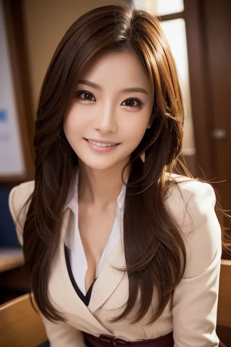 A woman who teaches foreign languages:1.5, School classroom, Suits and skirts, Dynamic, cinematic photos,(Ultra Realistic, High resolution), (Highly detailed eyes, Highly detailed hair, highly Detailed face, Highly detailed plump lips，Perfect Anatomy),(Hig...