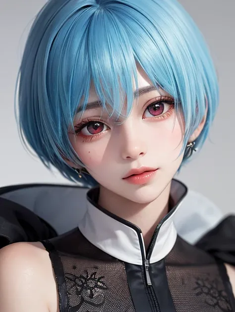 Masterpiece, Best Quality, 8K, Detailed Skin Texture, Detailed Cloth Texture, Beautiful Detail Face, Intricate Detail, Ultra Detailed, Portrait of Rei Ayanami, Blue Hair, Red Eyes, Head Tilt, No Background