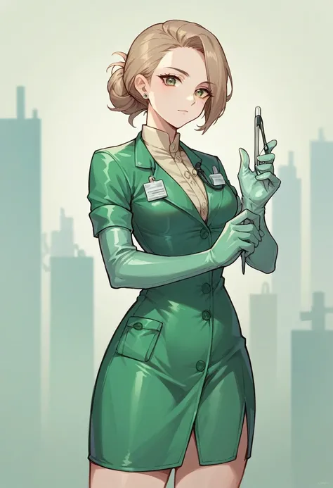 1girl, ((light brown elbow gloves)), ((surgical gloves)), ((latex gloves)), ((long sleeves)), ((green surgeon outfit)), ((green doctor outfit)), looking at viewer, standing, solo