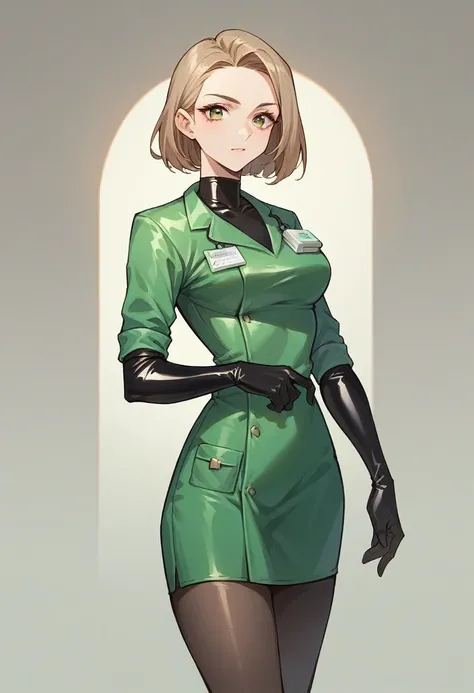 1girl, ((light brown elbow gloves)), ((surgical gloves)), ((latex gloves)), ((long sleeves)), ((green surgeon outfit)), ((green doctor outfit)), looking at viewer, standing, solo