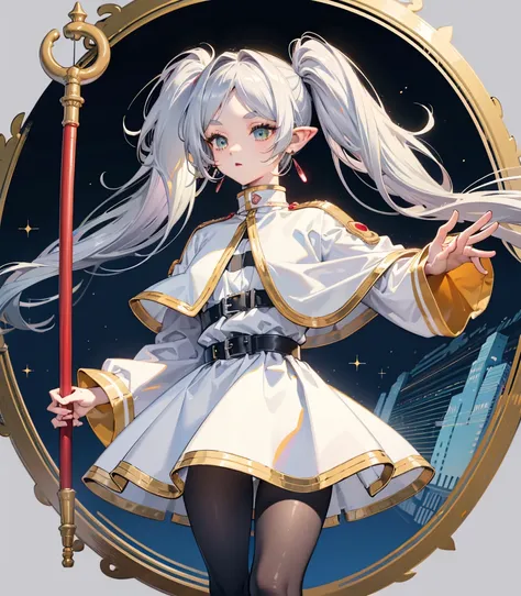 ((Highest quality)), ((masterpiece)), (detailed), Long Hair, Gray Hair, Twin tails, Pointed Ears, Earrings, Thick eyebrows, White capelet, Striped shirt, Long sleeve, belt, White Skirt, Black Pantyhose　High resolution　Holding a walking stick　magic circle　S...