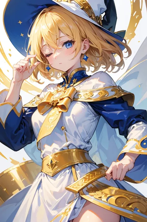 (Highest quality)　(4K)　(8k)　(High resolution)　(masterpiece:1.2)　(Super detailed)　One girl　short hair　Wizard　Blue Eyes　Long sleeve　Golden decoration　Hair between the eyes　Closed Mouth　White Dress　Wavy golden hair　Upper Body　White hat　(White Background)　(Cas...