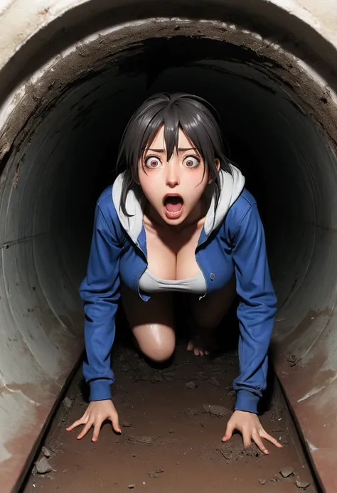 an anime 1girl crawling in a body-fit pipeline tunnel, dirty and torn clothes, head view, big busty, terrifying expression, wide...