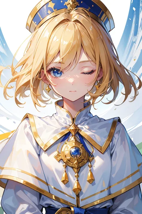 (Highest quality)　(4K)　(8k)　(High resolution)　(masterpiece:1.2)　(Super detailed)　One girl　short hair　Wizard　Blue Eyes　Long sleeve　Golden decoration　Hair between the eyes　Closed Mouth　White Dress　Wavy golden hair　Upper Body　White hat　(White Background)　(Cas...